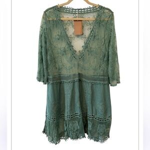 NWT Boutique Bohemian Lovely Lace Embroidered Sage Green Tunic Cover Up
